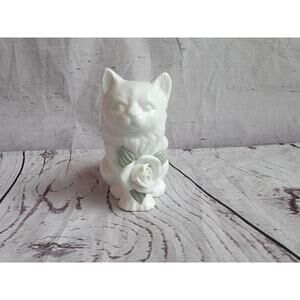 Vintage White Porcelain Cat Figurine with Rose Flower Accent Collectible Decor